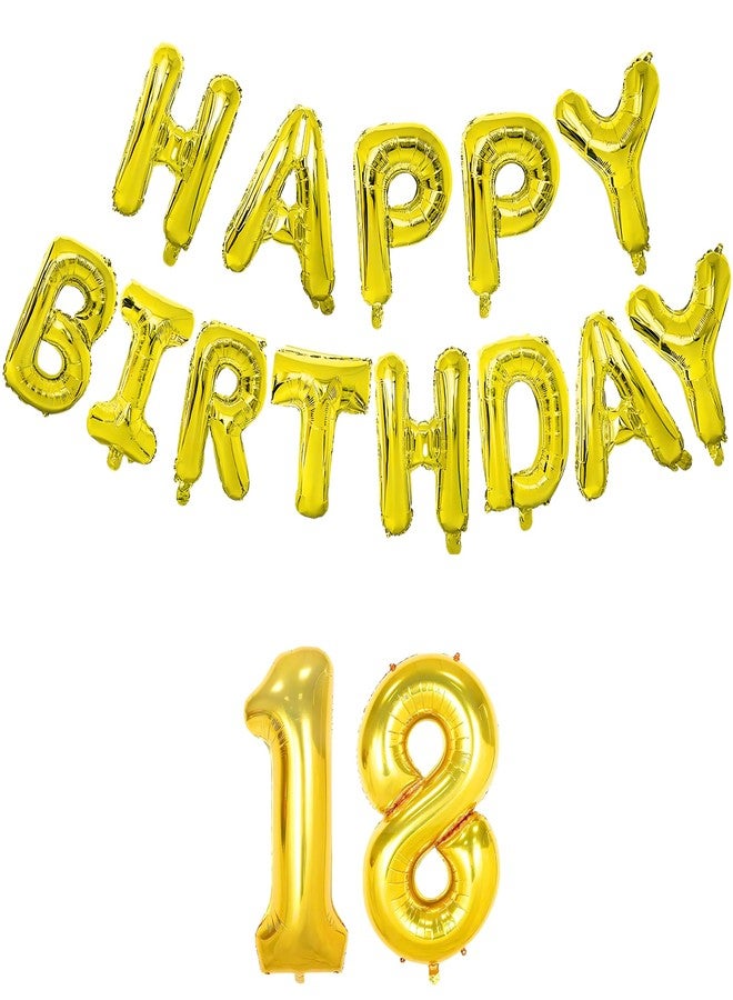 Flyloons 18th Golden Colour Happy Birthday Foil Balloon Banner Set for 18 Year Old Teenage | with Number Eighteen | 13 Letters Reusable Happy Birthday Metallic Foil Balloons Decoration Kit,15 pcs - Image 1